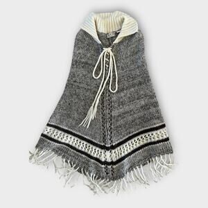Vintage MKM Designs Knitted Poncho with Tie & Collar Medium Retro Boho Hippie